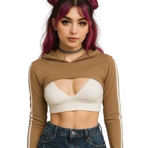 Feathers Medium Beige Athletic Hooded Cropped Long Sleeve Shirt Sexy Clubwear